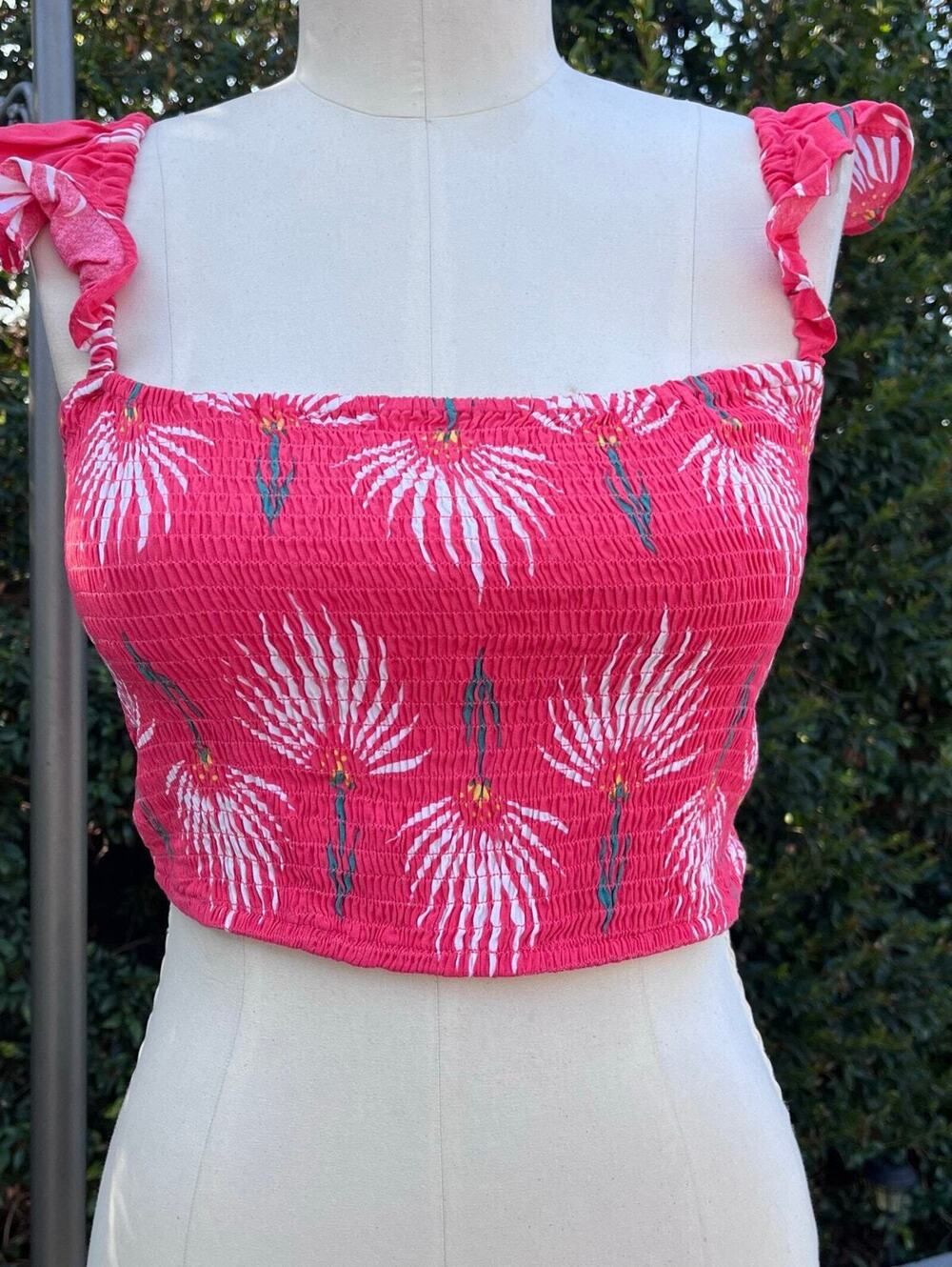 Lulus Fairy Pink Floral Smocked Crop Top Size L Ruffle Cottagecore Coquette